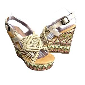 Mojo Moxy Beige Macramé Wedge Sandals with Multicolor Tribal Print